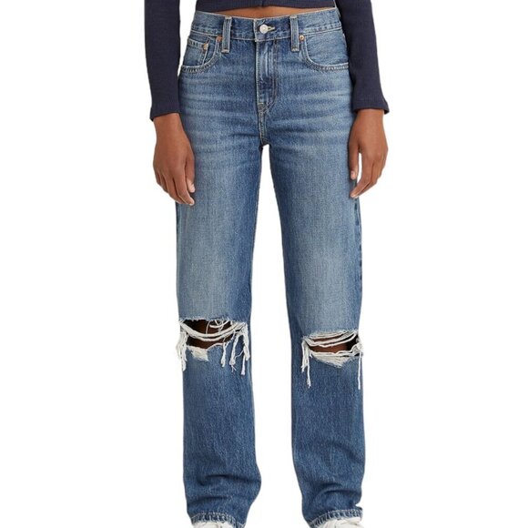 Levi's Low Pro Straight Leg Mid Rise Distressed Casual Denim Jeans Blue 27 - Picture 1 of 11